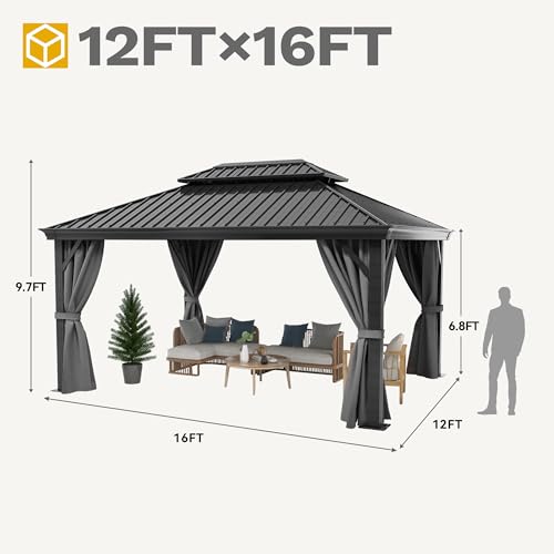 DWVO 12x16ft Hardtop Gazebo Double Roof with Netting and Curtains Gray