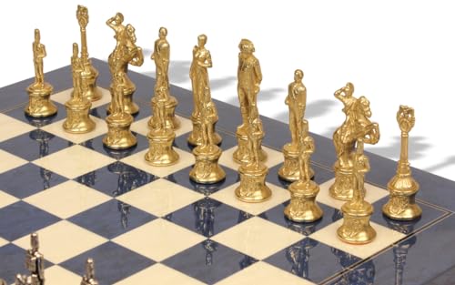 The Chess Store Napoleon Theme Brass & Nickel Chess Set with Blue Ash Burl Board