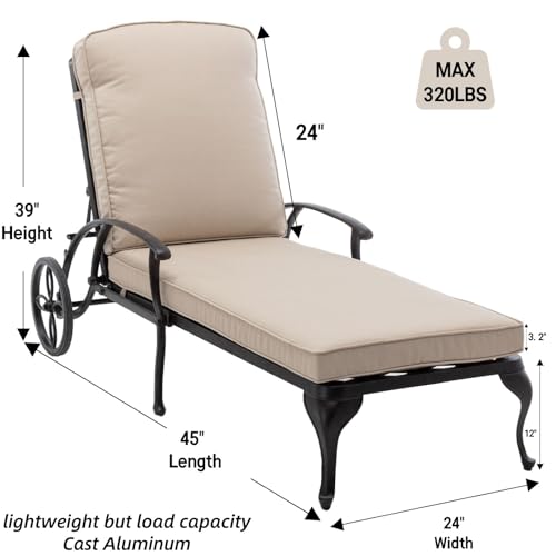 Luccalily Chaise Lounge Patio Chair Set of 2 with Wheels, Adjustable Reclining, Rust-Resistant Aluminum, Waterproof Beige Cushion