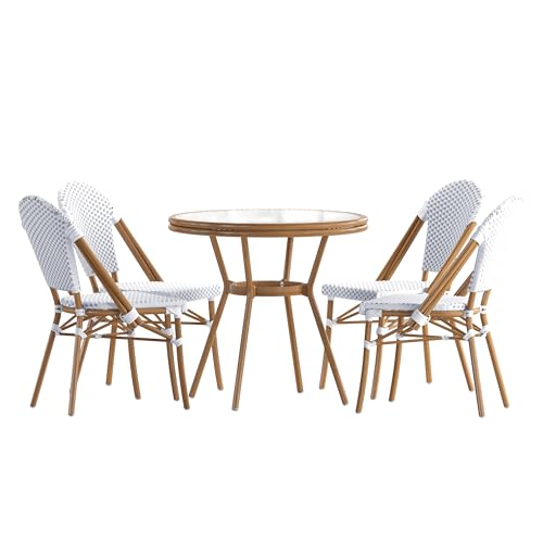 Flash Furniture Lourdes Indoor/Outdoor Commercial Bistro Set - Tempered Glass Top Table with 4 Chairs - White & Gray Rattan/Natural Frame