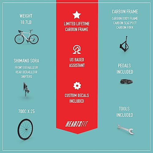 Hearts Bio Carbon Frame Road Bike Model H - Carbon Fiber Racing Bicycle with SORA 18 Speed Derailleur System (52) Celeste, HeartsBio Blue