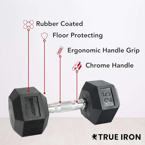 TRUE IRON Rubber Hex Dumbbells Sets - Premium Quality Dumbbell Weights - Solid-Steel Handle - Strength Training Equipment - Multiple Choices Available