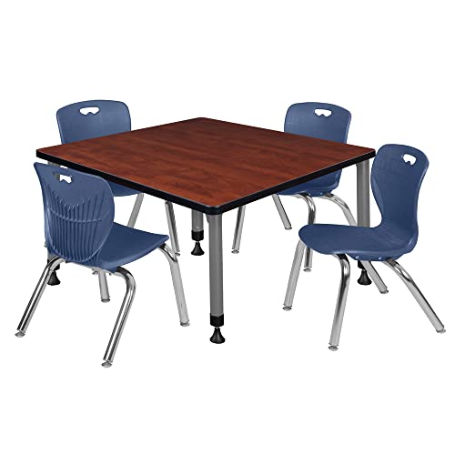 Romig Adjustable Classroom Table Cherry with 4 Navy Blue Stack Chairs