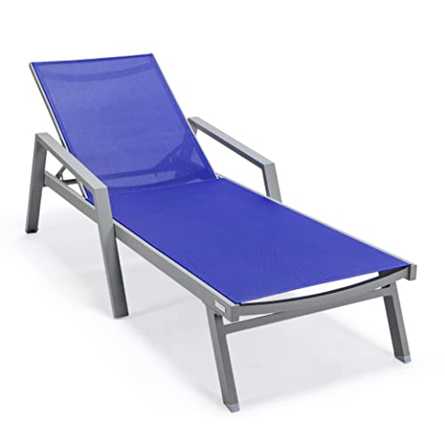 LeisureMod Marlin Grey Aluminum Outdoor Chaise Lounge Set with Fire Pit Table Navy Blue