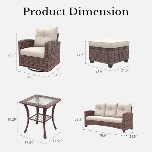 LayinSun 6 Pieces Patio Furniture Set with Swivel Chairs Brown/Beige