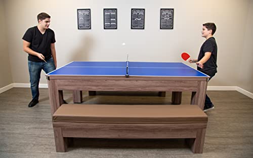 Hathaway Newport 7-ft Pool Table Tennis Combination with Dining Top, Two Storage Benches - Woodtone