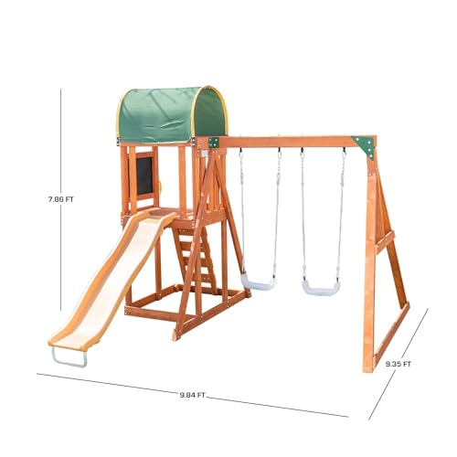 Sportspower TSC North Star Wooden Swing Set with LED Swings and 6ft Slide Brown and Green