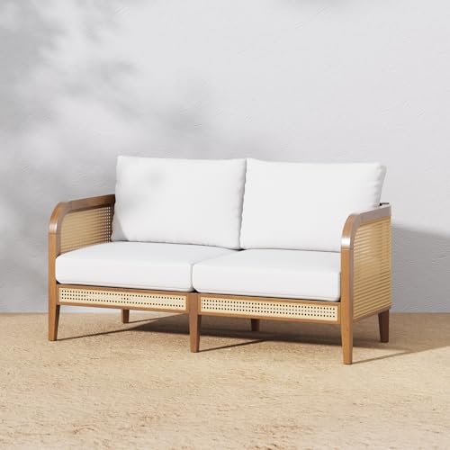 Nathan James Twila Bohemian Outdoor Loveseat Rattan Patio Sofa Light Acacia Wood/Linen White