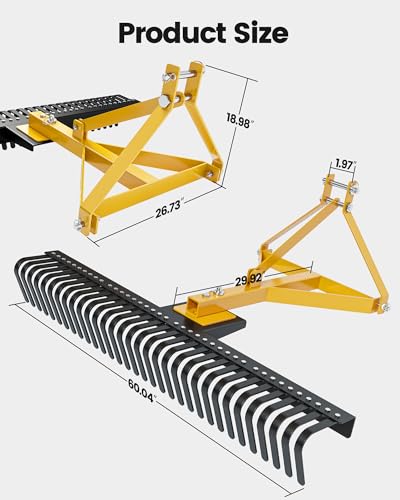 Garvee 60-Inch Landscape Rake for Tractor, Hard Body 3 Point Rake for Lawn Leveling and Gardening, Yellow/Black