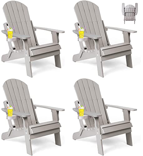 hOmeQomi Folding Adirondack Chairs Set of 4 All Weather Resistant with Cup Holder Grey