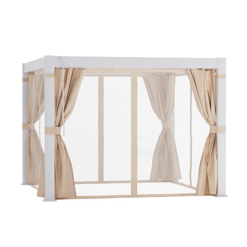 COSIEST 10'×10' Louvered Aluminum Pergola with Adjustable Roof, Netting & Curtains White