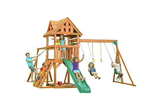 CREATIVE CEDAR DESIGNS Mountain View Lodge Wooden Swingset Multicolor Accessories & Green Slide