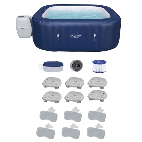 Bestway SaluSpa Hawaii AirJet Inflatable Hot Tub with EnergySense Cover + Spa Seat 6 Pack + Headrest Pillows 2 Pack Blue