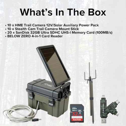 Stealth Cam HME Trail Camera 12V Solar Power Bundle with Mount Stick, Memory Cards & Card Reader