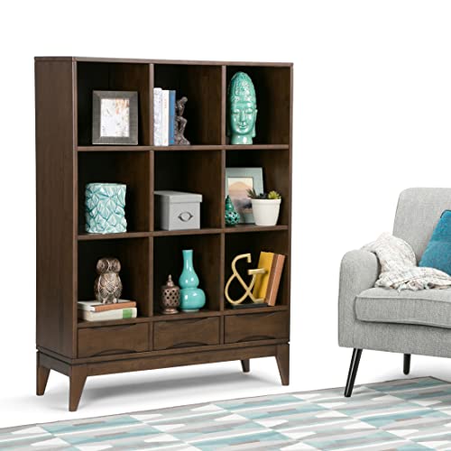 SIMPLIHOME Harper Solid Hardwood Mid Century Modern Cube Storage Bookcase with Drawers Walnut Brown