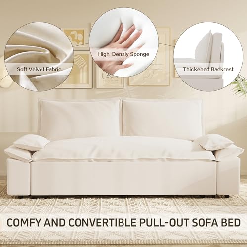 KEIKI 3-in-1 Convertible Sleeper Sofa Velvet Loveseat Bed Queen with Pillows Beige