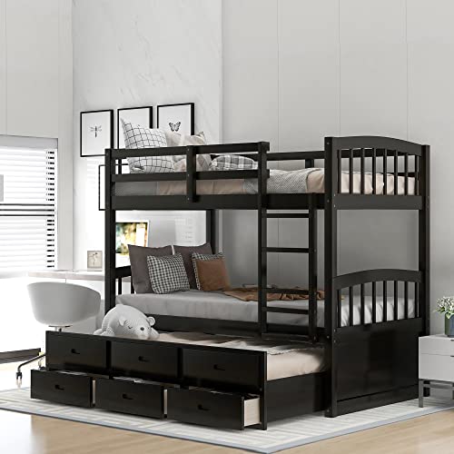 Merax Twin Over Twin Bunk Bed with Trundle & Drawers Espresso