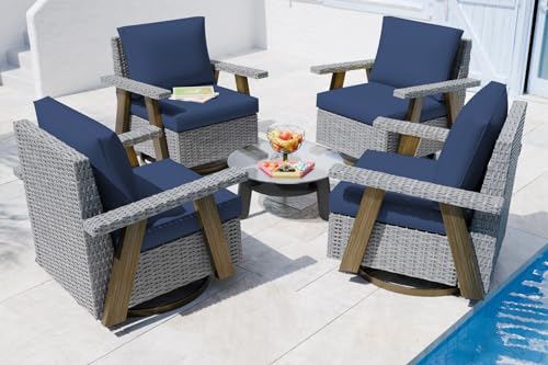 Yokayoay Wicker Patio Chairs Set of 4 Swivel Rocking with Thickened Cushions Grey/Blue