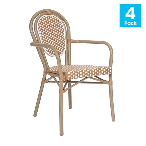 Merrick Lane Celia Indoor/Outdoor Bistro Stack Chair Set of Four Natural & White Rattan Light Natural Frame