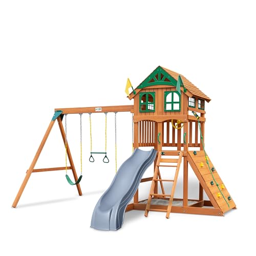 Gorilla Playsets Wood Swing Set with Roof, Climbing Wall, Swings, Grey Slide Amber