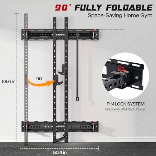 SkiPack Folding Squat Rack Wall Mounted with Weight Bench Black
