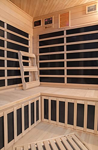 Heat Wave 3 Person Sauna Corner Fitting Infrared FIR FAR 7 Carbon Heaters Hemlock Wood MP3 Player 2 Speakers Color Therapy Light LED Control Panel Wood