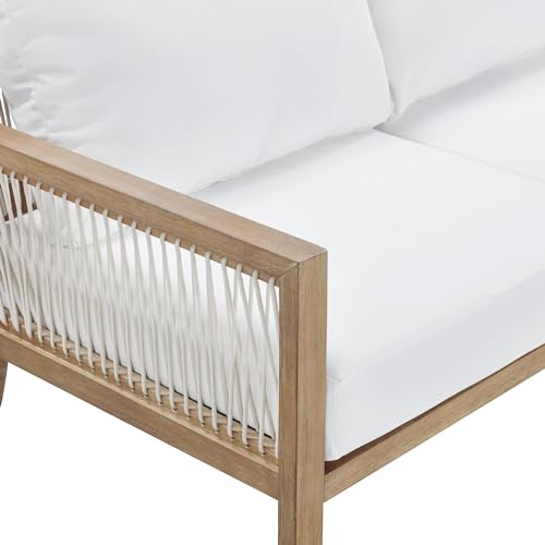Nathan James Freya Bohemian Wood Loveseat Upholstered Sofa White Cushion/Light Brown Wood