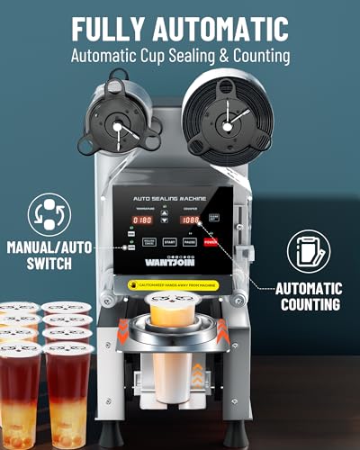 WantJoin Full Automatic Cup Sealing Machine 90/95mm 500-650 Cups/H Digital Control LCD Panel Grey