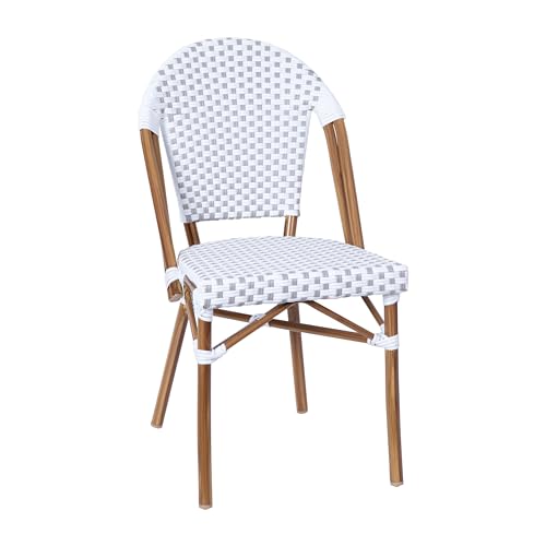 Flash Furniture Lourdes Indoor/Outdoor Commercial Bistro Set - Tempered Glass Top Table with 4 Chairs - White & Gray Rattan/Natural Frame