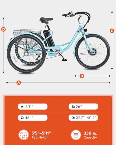 Viribus 26" Electric Tricycle for Adults, 7 Speed Electric Trike with 350W Motor UL Certified 36V 13Ah Battery, Aqua