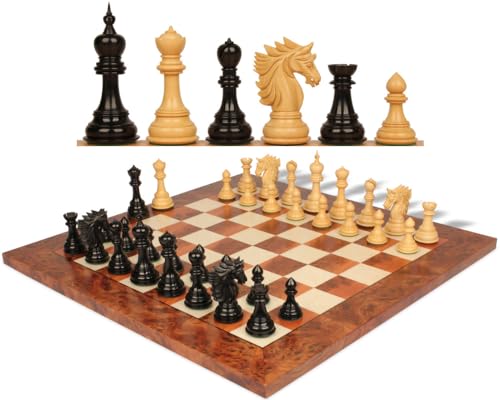 The Chess Store Bucephalus Staunton Chess Set Ebony & Boxwood with Elm Burl & Erable Board 4.5" King