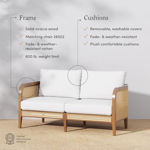 Nathan James Twila Bohemian Outdoor Loveseat Rattan Patio Sofa Light Acacia Wood/Linen White