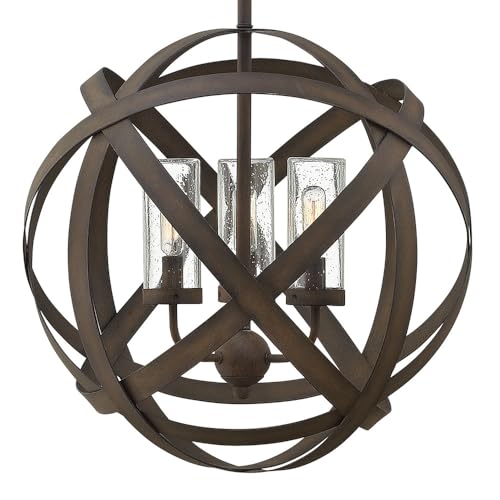 Hinkley Carson Large Orb Pendant Light - 3-Light, Clear Seedy Glass Vintage Iron