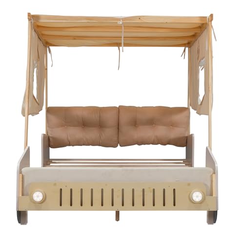 YOPTO Kids Car-Shaped Floor Bed with LED Lights & Magazine Holder Natural
