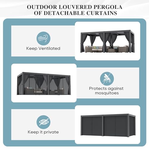 GS CHIER Outdoor Louvered Pergola 10' x 20' Black with Curtain