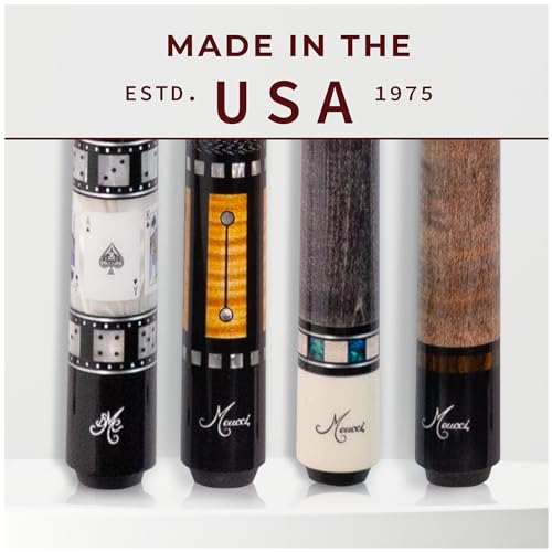 Meucci Pool Cues - Merry Widow Blue & Gray Maple Cue Stick with Paua Shell Squares Design, Irish Linen Wrap - Smoke Stain, Blue/Black Lacquered Linen