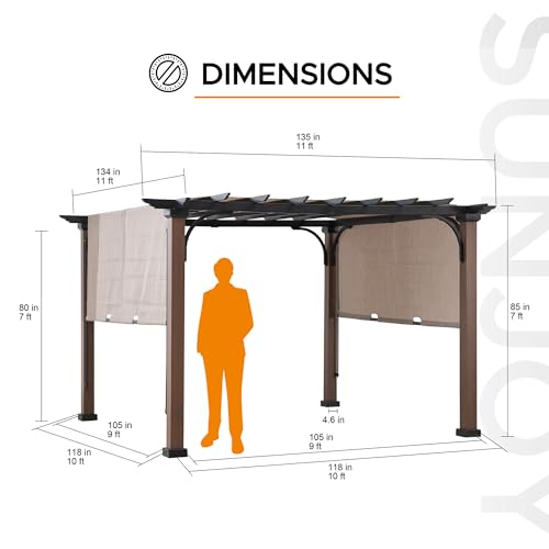 Sunjoy Outdoor Pergola 11x11 ft Black Steel with Retractable Tan Sun Shade Canopy