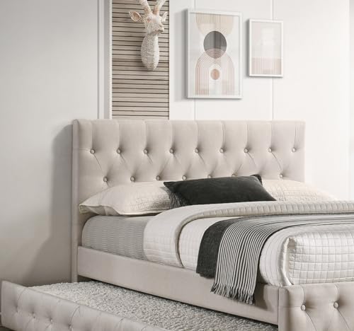 Kaimei Contemporary Twin Bed with Slatted Trundle, Tufted Headboard and Footboard Light Brown