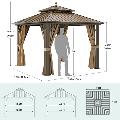 YITAHOME 10x10ft Hardtop Gazebo with Nettings and Curtains Bronze