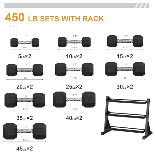 GarveeLife Premium Rubber Coated Hex Dumbbell Weight Set with Rack Black