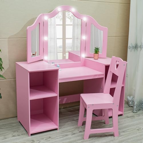 JoanKaren Kids Vanity Table 2-in-1 Princess Makeup Desk with Touch Light Pink With Crown