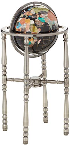 Unique Art Since 1996 Black Onyx Ocean Gemstone World Globe with Silver Stand