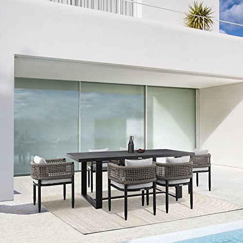 Armen Living Felicia Outdoor Patio 7-Piece Dining Table Set Aluminum Grey Rope Cushions Black