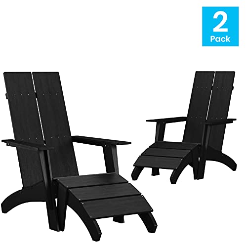 Taylor & Logan Brady Dual Slat Back Poly Resin Adirondack Chairs with Foot Rests Black