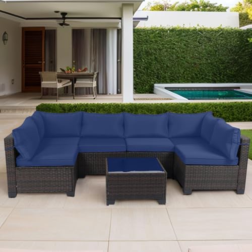 CHABATREE 7-Piece Rattan Outdoor Patio Furniture Set Dark Blue