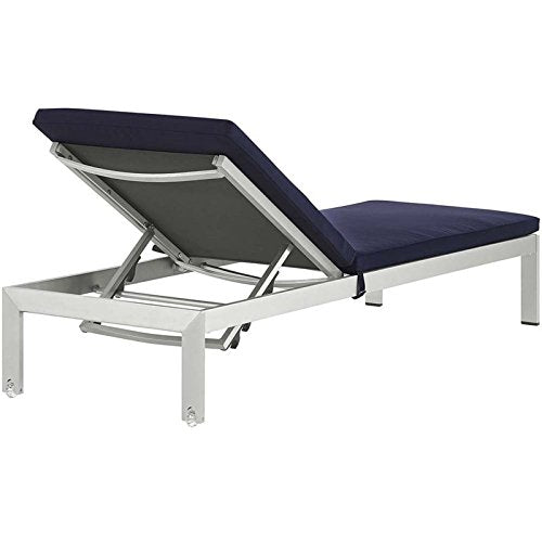 Modway Shore Aluminum Outdoor Patio Chaise Lounge Chairs with Cushions Silver Navy
