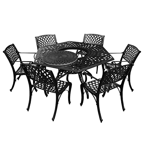 Oakland Living Modern Ornate Outdoor Mesh Aluminum 63-Inch Black Hexagon Patio Dining Set with Six Chairs