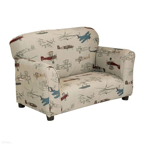 Benzara 32-Inch Kids Sofa Vintage Airplane Print Beige/Black/Multicolor