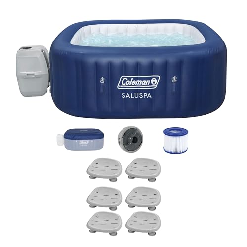 Bestway Coleman Hawaii AirJet Inflatable Hot Tub with EnergySense Cover Blue + SaluSpa Spa Seat Adjustable Legs 6 Pack