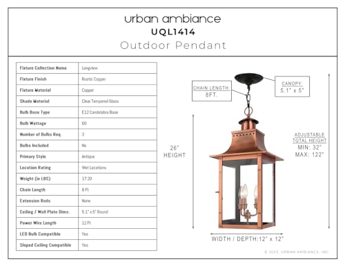 Urban Ambiance Luxury Antique Outdoor Pendant Light Large Rustic Copper 26" H x 12" W